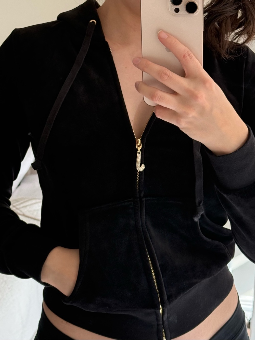 Juicy Couture premium line Black Velvet Zip Hoodie with Gold J Pull